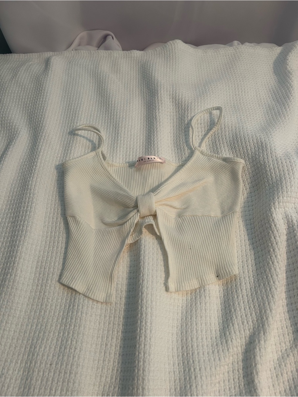 Blue Blush Cream Ribbed Tie-Front Crop Top